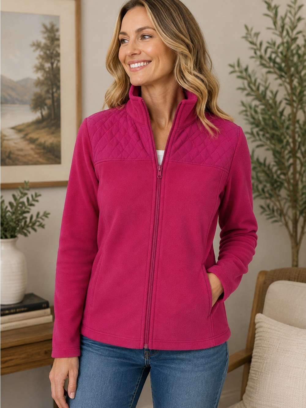 Talbots Womens Size P Petite Fleece Jacket Pink Full Zip Quilted Yoke Classic
